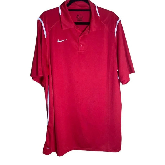 NIKE Men's Dri-Fit Short Sleeved Red Polo Shirt White Pinstripes SIze XL Swoosh - Picture 1 of 7
